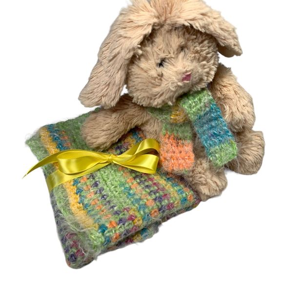 Baby Lovey Small Security Blanket Soft Multicolor Crochet Bunny Rabbit in Scarf - Picture 7 of 11